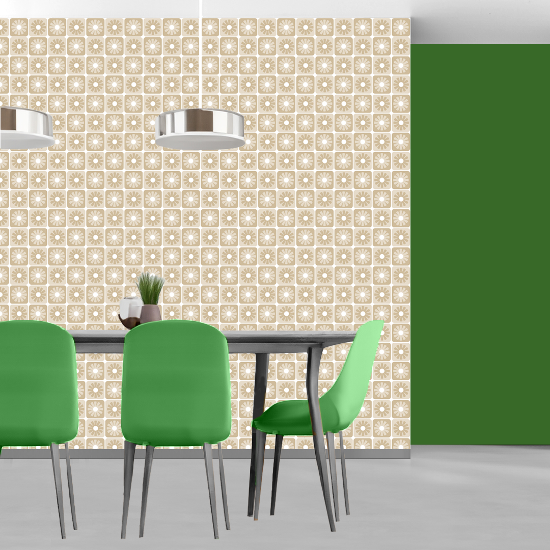 An abstract composition featuring irregular, rounded shapes in vibrant colors. The main colors include bright green, lime green, turquoise, and dark blue, all separated by white, jagged outlines. The shapes overlap and intersect dynamically, forming an energetic and playful pattern. The overall texture has a fabric-like appearance with subtle horizontal and vertical lines running through the colors.